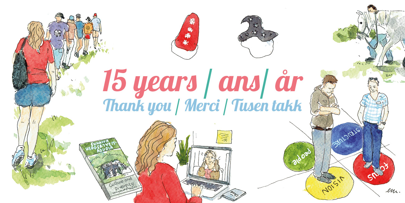 Un visuel illustré pour marquer 15 ans d’activité indépendante, décliné sur différents supports de communication Illustration à l’aquarelle pour les 15 ans d’une entrepreneure indépendante