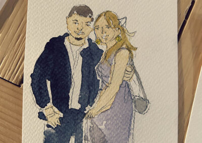 Portrait aquarelle d’un couple de mariés réalisé lors d’un mariage au Château de Thanvillé en Alsace, proche de la Suisse.