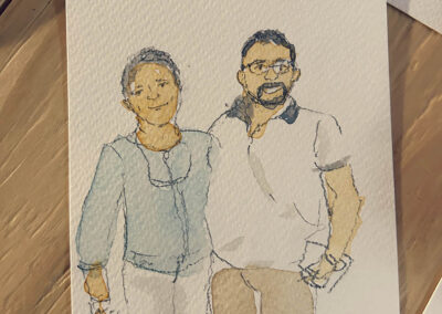 Portrait aquarelle d’un couple réalisé en direct lors d’une animation live drawing en Alsace