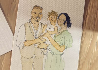 Couple capturé en aquarelle par l’illustratrice lors d’un mariage au Château de Thanvillé, Alsace.