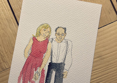Portrait aquarelle d’un couple réalisé en live drawing lors d’un mariage au Château de Thanvillé, Alsace, proche de la Suisse.