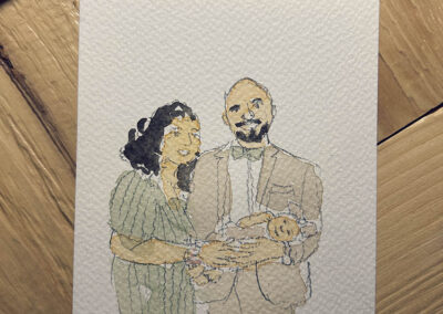 Portrait aquarelle d’un couple amoureux réalisé lors d’un mariage en Alsace.