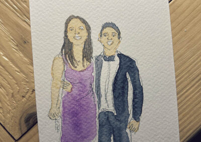 Illustration aquarelle d’un couple réalisée en live drawing pour un mariage en Alsace.