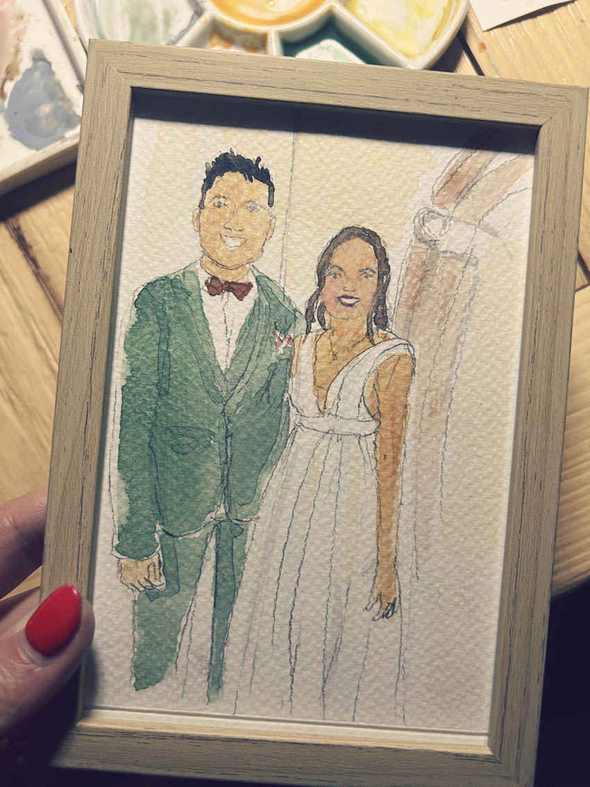 Portrait aquarelle des mariés réalisé en live drawing pendant un mariage au Château de Thanvillé en Alsace, proche de la Suisse.