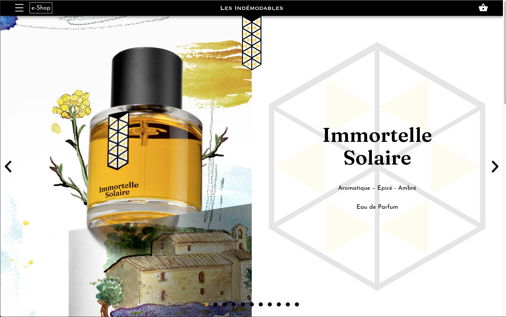 Capture d’écran du site Les Indémodables présentant l’illustration aquarelle du parfum Immortelle Solaire par Emeline Lombrez.