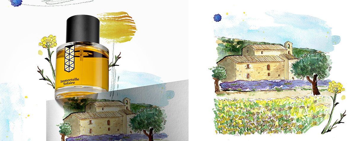 Illustration à l’aquarelle et photomontage du parfum Immortelle Solaire Les Indémodables, flacon sur fond doré inspiré du soleil et de la lumière.