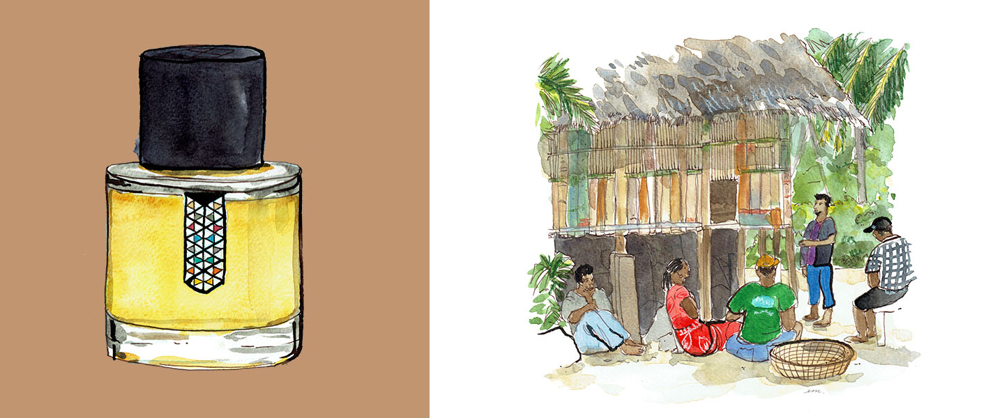 Illustration à la main du flacon de parfum Les Indémodables et scène aquarellée représentant un groupe de personnes devant une maison traditionnelle, style carnet de voyage.