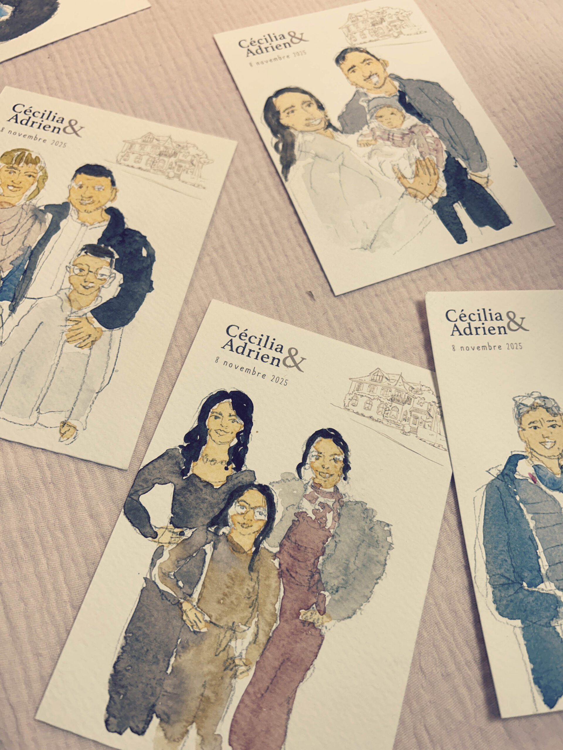 Portraits aquarelle réalisés en direct pour les invités d'un mariage à l'Hôtel Jenny.