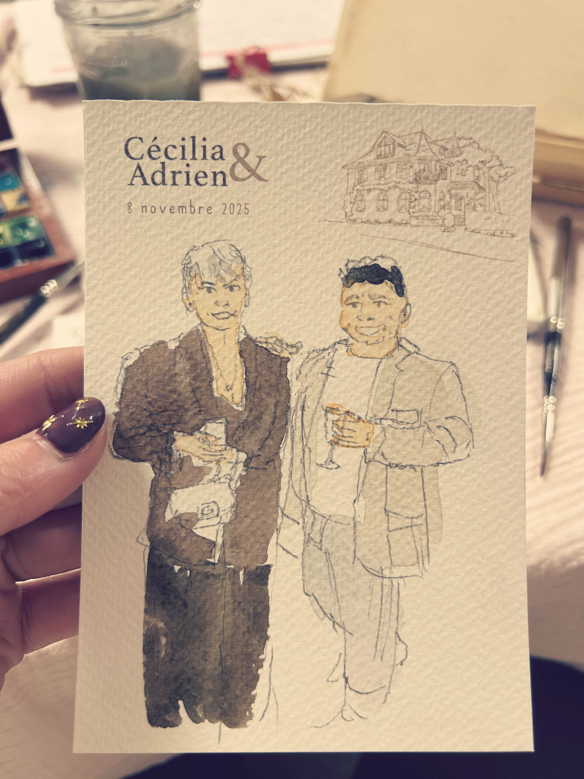 Portrait aquarelle de deux invités réalisé en direct lors d'un mariage dans le Haut-Rhin.